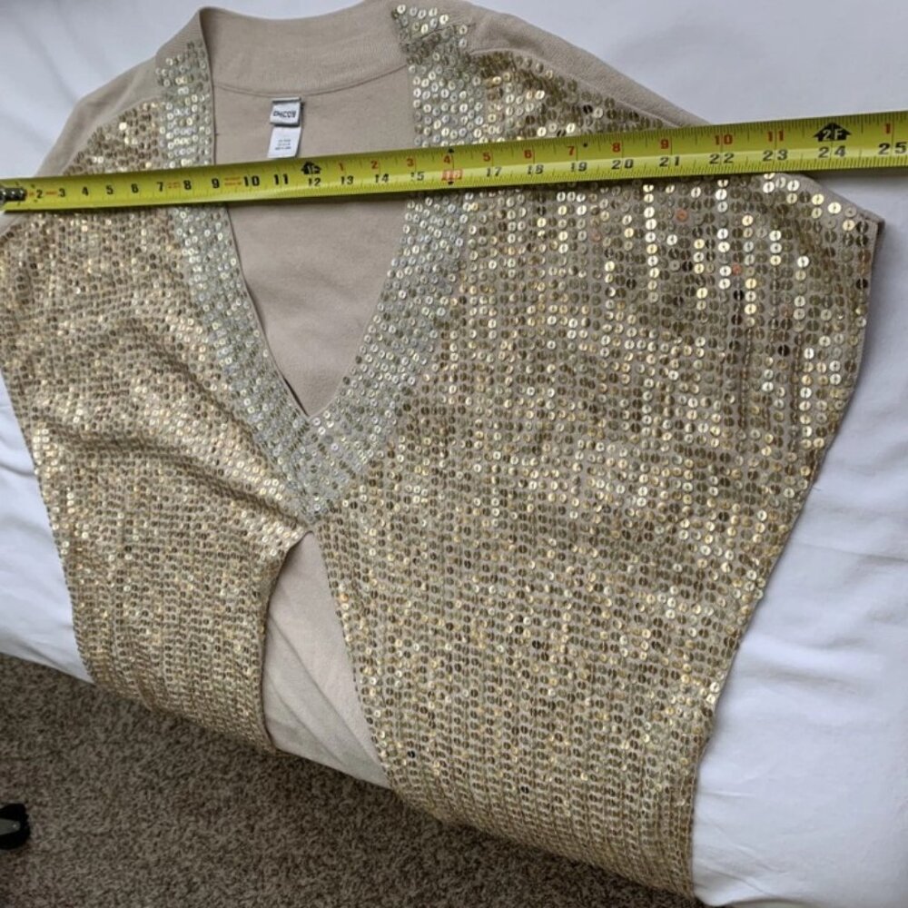 Chico’s Gold/Silver Sequin Embellished Poncho Cardigan Topper Vest Glam Sparkle - Picture 12 of 13